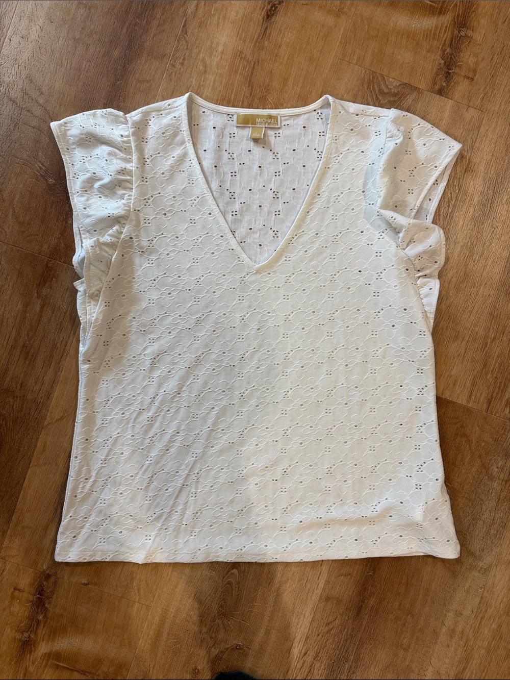 Michael Kors White Eyelet V-Neck Flutter Sleeve Top